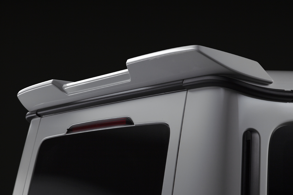 WALD Black Bison Mercedes G-Class W463A rear roof spoiler detail — ABS rear roof spoiler on white G-Class