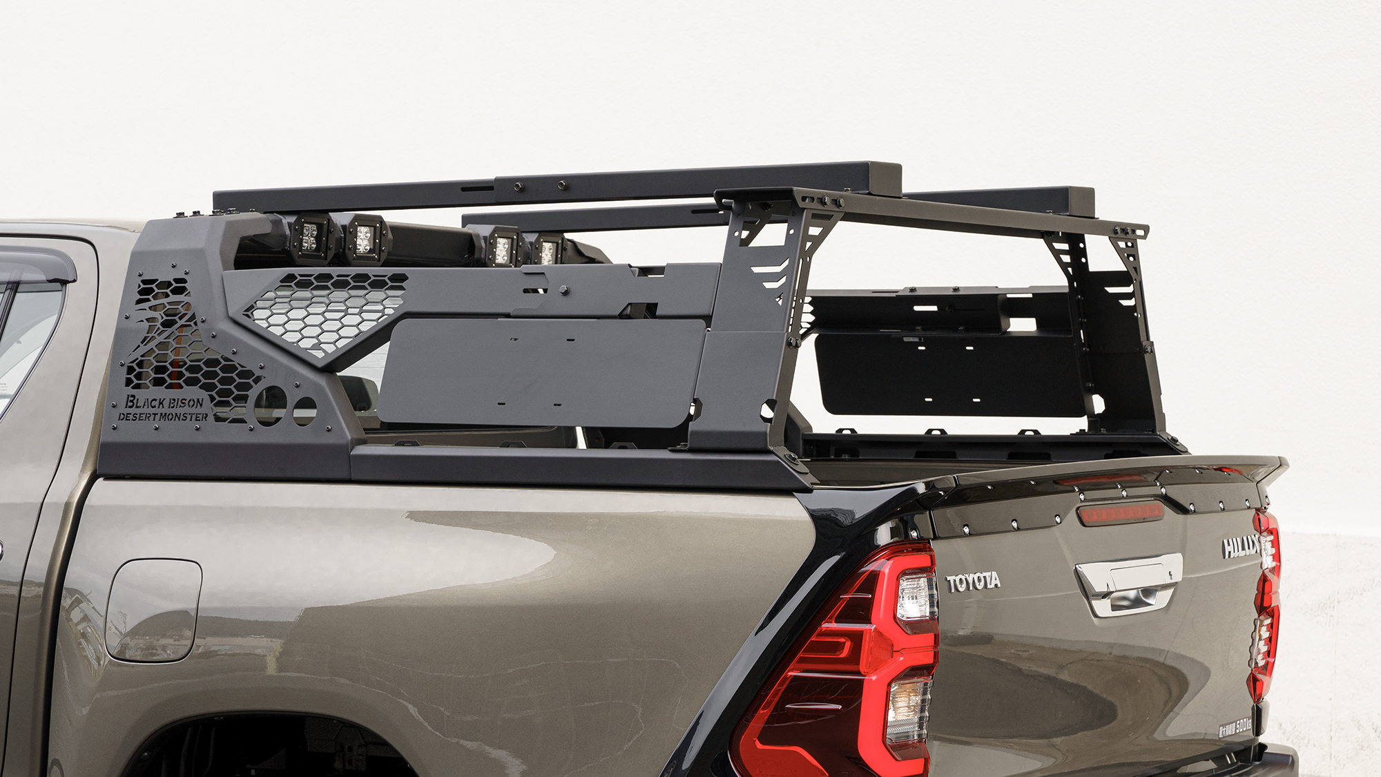 WALD Black Bison Desert Monster roll bar and bed rack fitted to the Toyota Hilux GUN125 facelift load bed