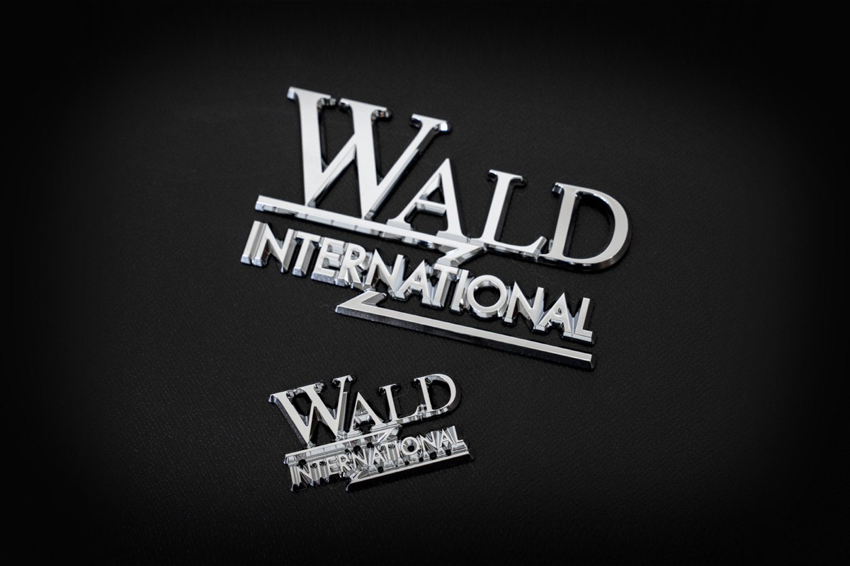 WALD International pillar emblems in chrome, shown in both B pillar and C pillar sizes