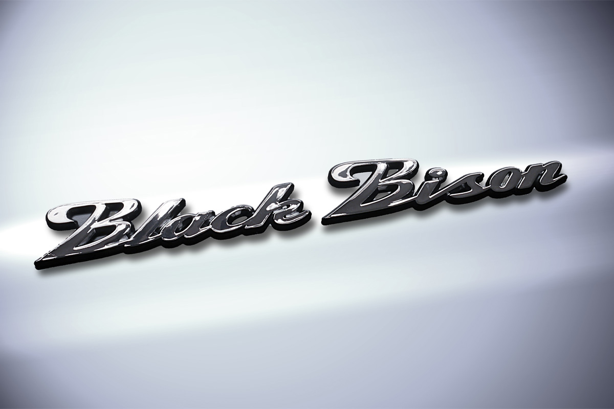 WALD Black Bison emblem in black clear finish applied to a white vehicle body panel
