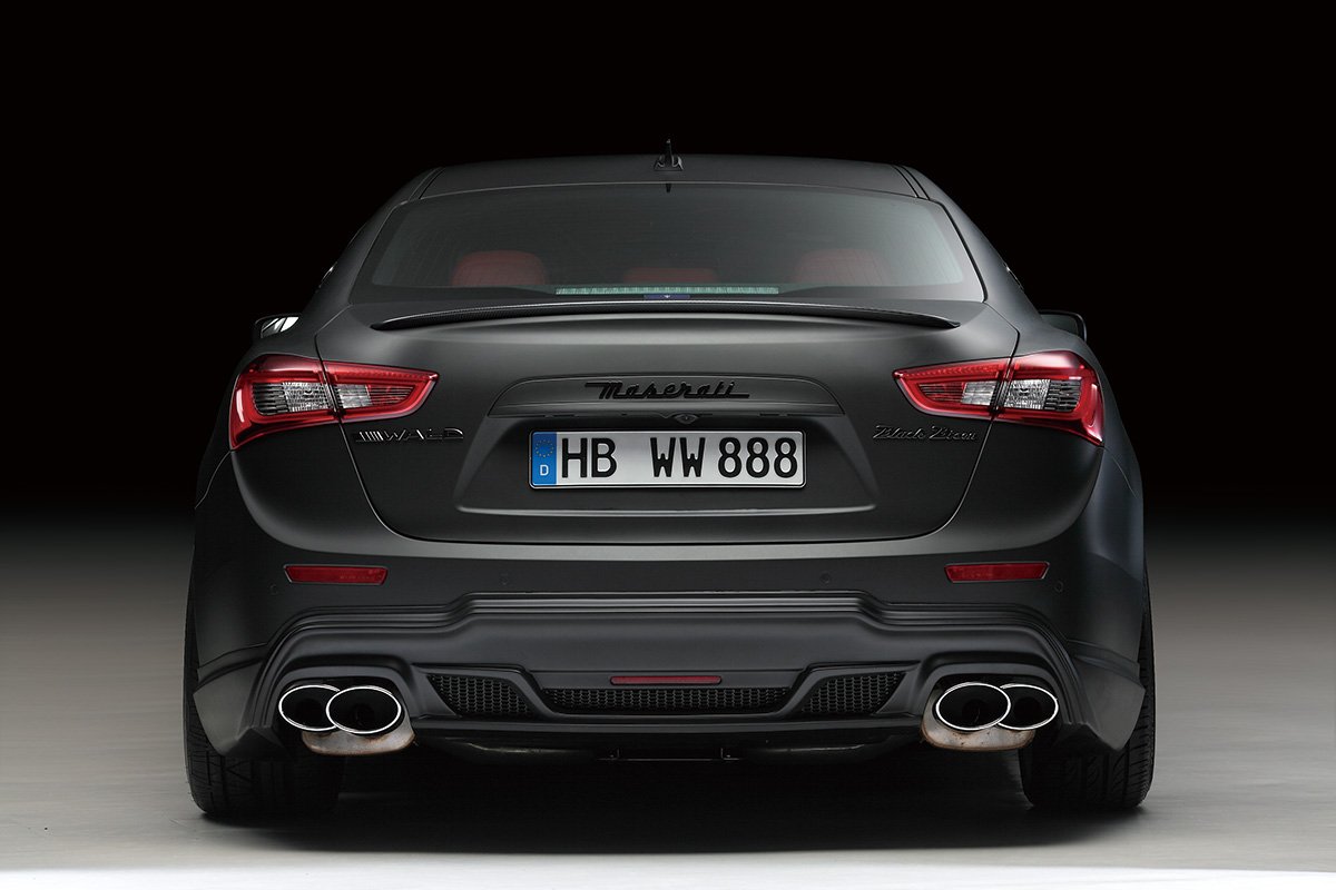 Maserati Ghibli WALD Black Bison rear view — WALD rear bumper spoiler, diffuser net and stainless steel exhaust tips