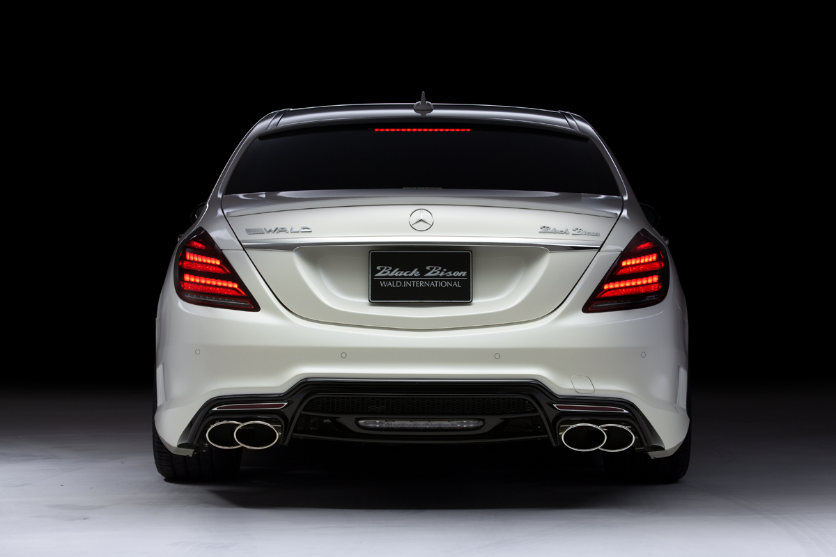 WALD Mercedes S-Class W222 rear view with rear bumper spoiler, boot spoiler and twin 240 exhaust tips
