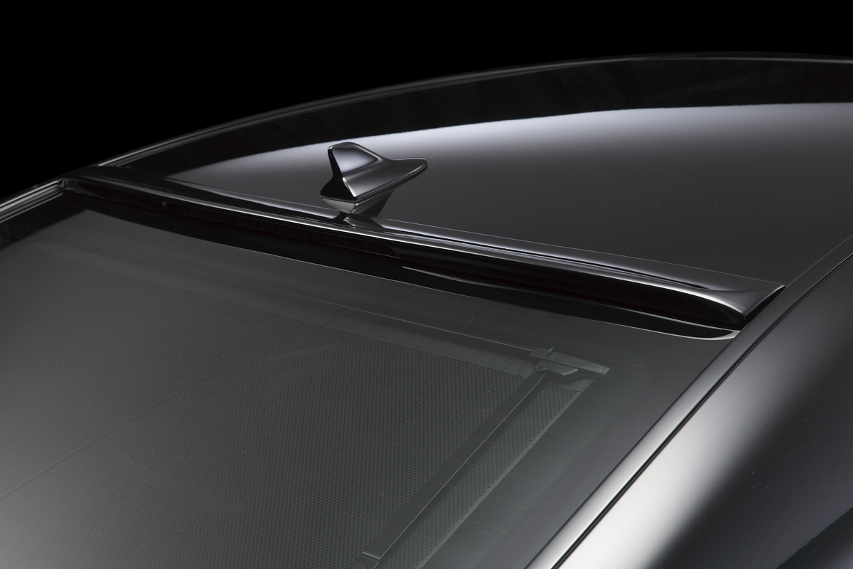 WALD Lexus LS460L roof spoiler detail in gloss black above the rear screen
