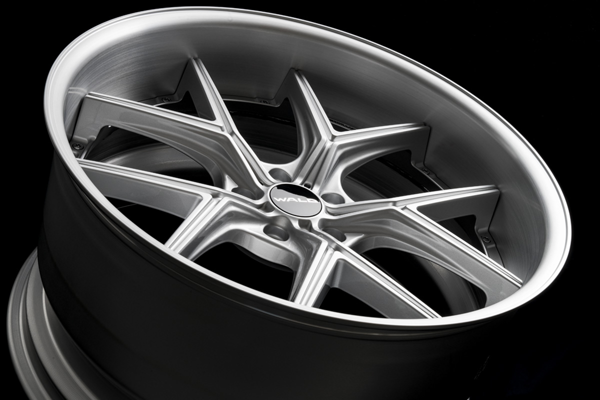 WALD ILLIMA I 12F 2-piece forged wheel in ILLIMA Silver with brushed rim, angled studio view