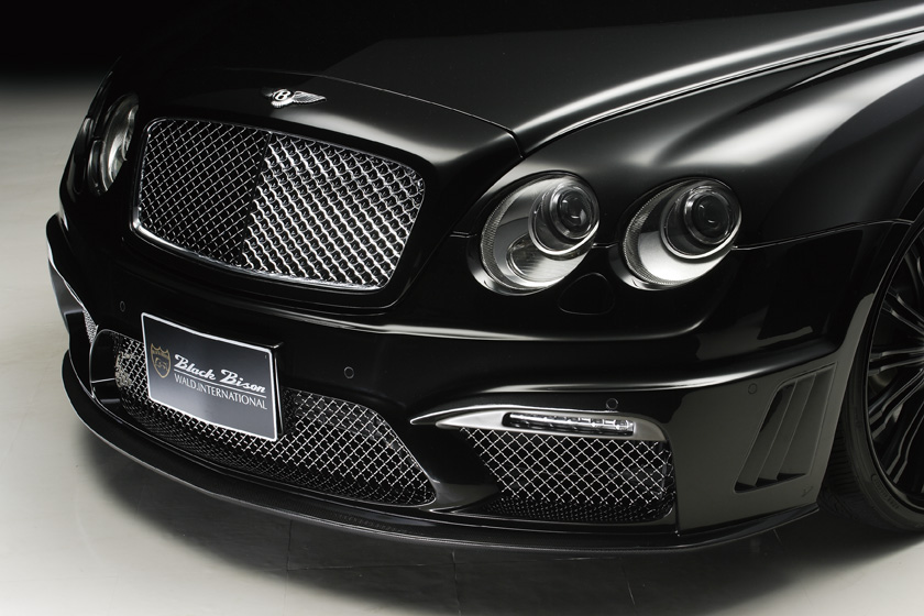 WALD Bentley Continental GT front body kit detail — Black Bison front lip spoiler, mesh grille and LED lamp LEDGL1321