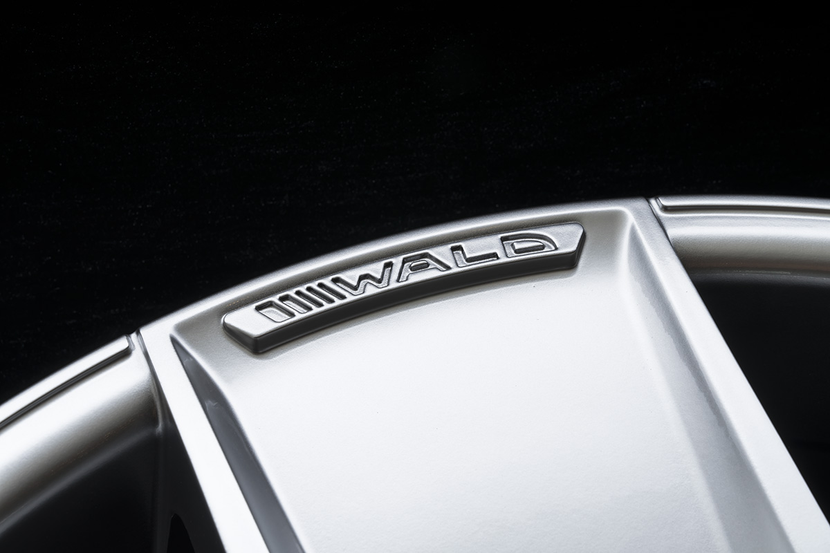 Macro detail of the WALD emblem on a Hyper Silver Duchatlet IV D41C wheel spoke