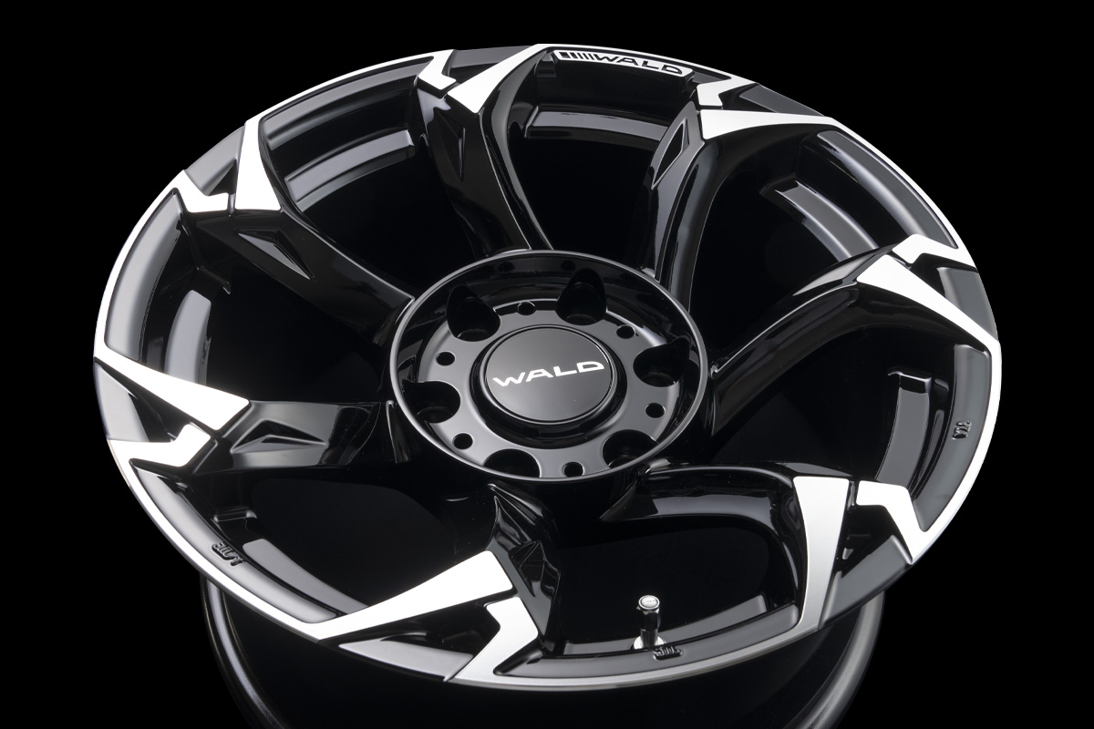 Black Polish WALD Vorsalino V11C SUV wheel angled studio view showing machined spoke faces