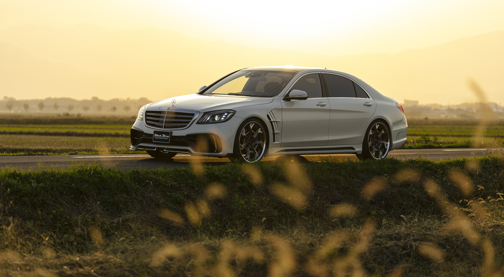 White WALD Black Bison Mercedes-Benz S-Class W222 at sunset with WALD forged wheels