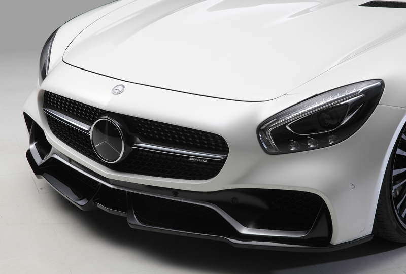 WALD Black Bison AMG GT C190 front spoiler detail with license plate bracket