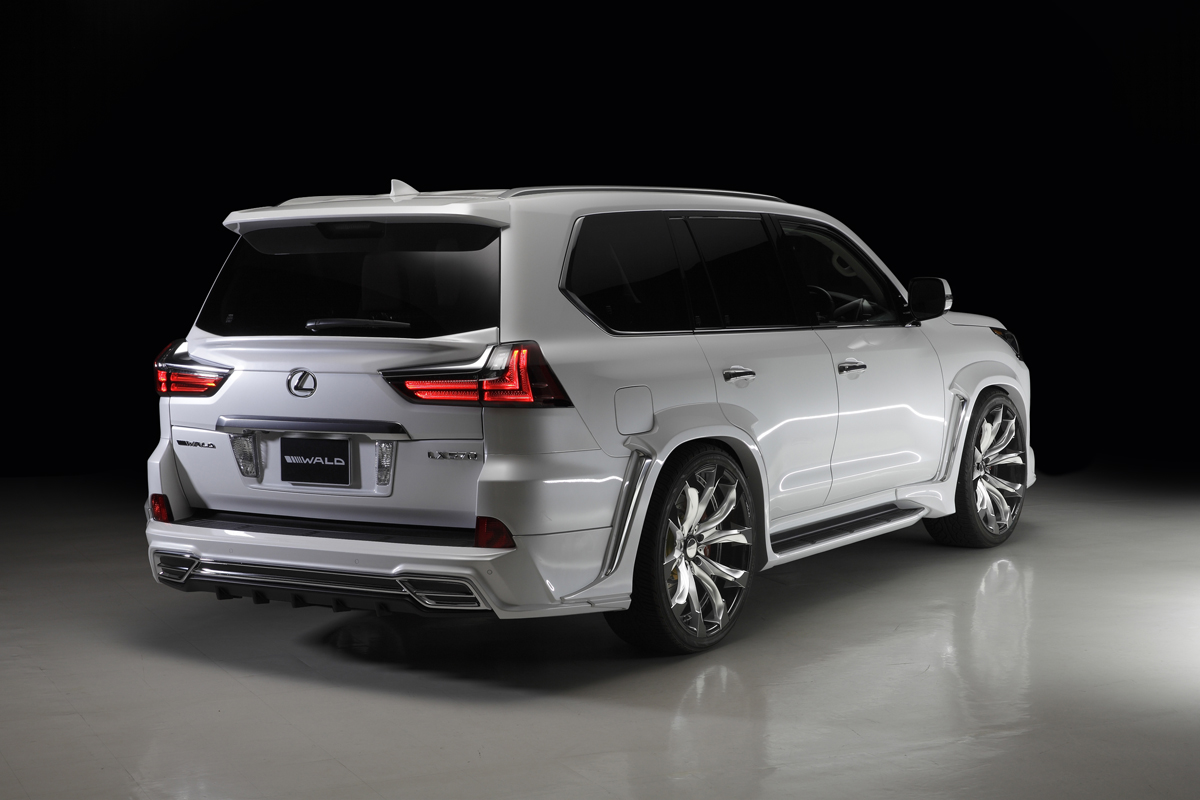 WALD Black Bison Lexus LX570 rear three-quarter view — WALD rear skirt, muffler adaptor and rear tailgate spoiler