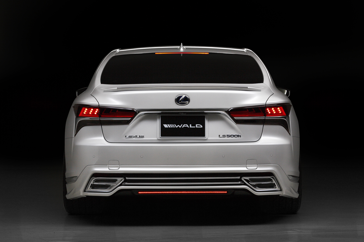 WALD Lexus LS500h Hybrid rear view showing WALD rear skirt with LED lamp and chrome tail finishers