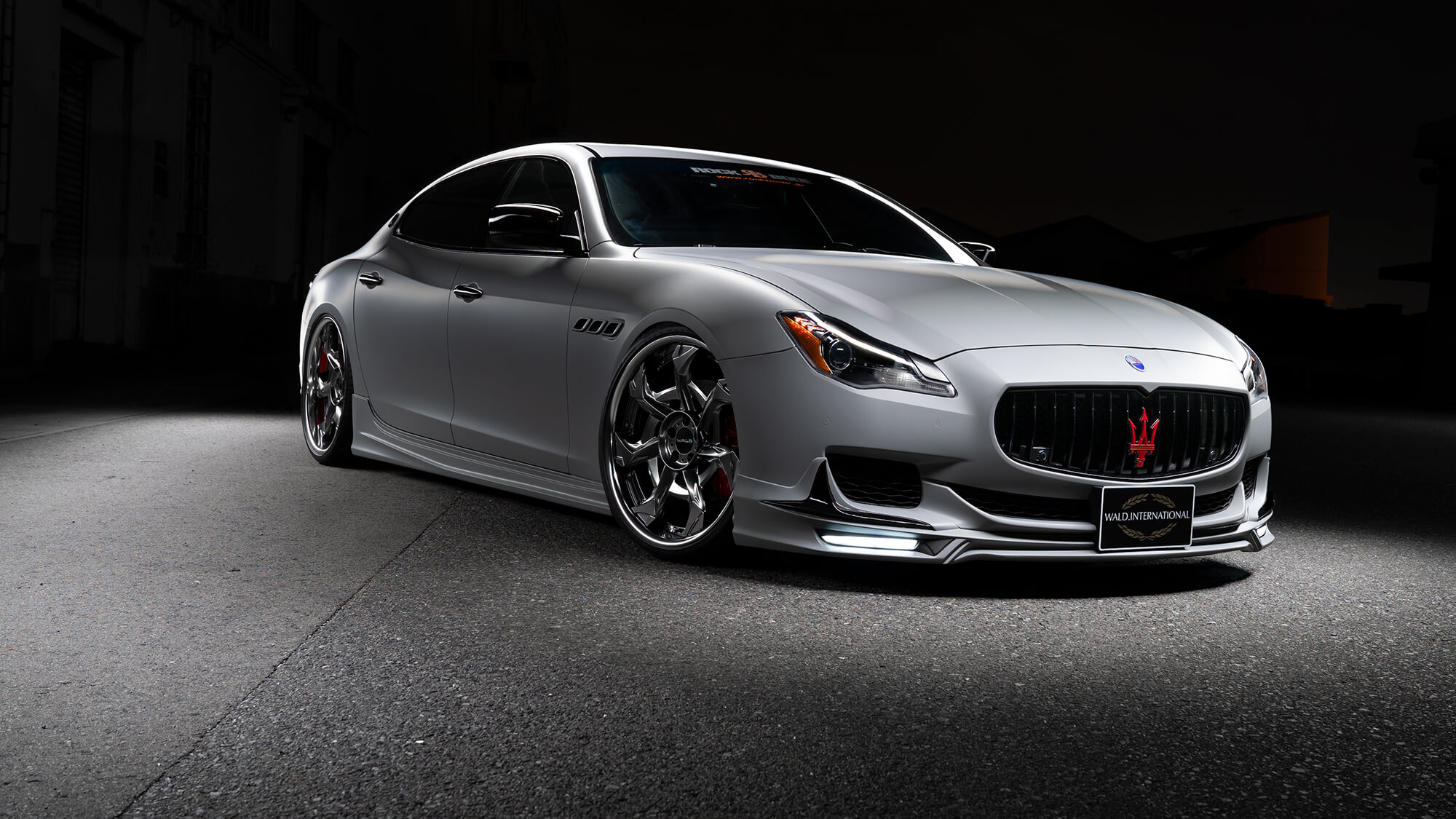 Matte silver Maserati Quattroporte with WALD aero kit on Vorsalino V12C wheels