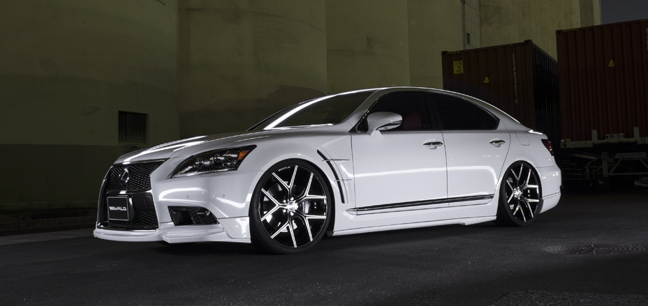 WALD Executive Line Lexus LS460 F SPORT in white front three-quarter view on black and polished WALD wheels