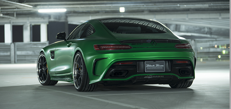 WALD Mercedes-AMG GT C190 rear body styling — green AMG GT rear three-quarter view