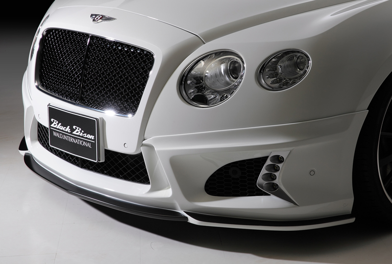 WALD Bentley Continental GT front lip spoiler detail — Black Bison front bumper with LED lamps and mesh grille