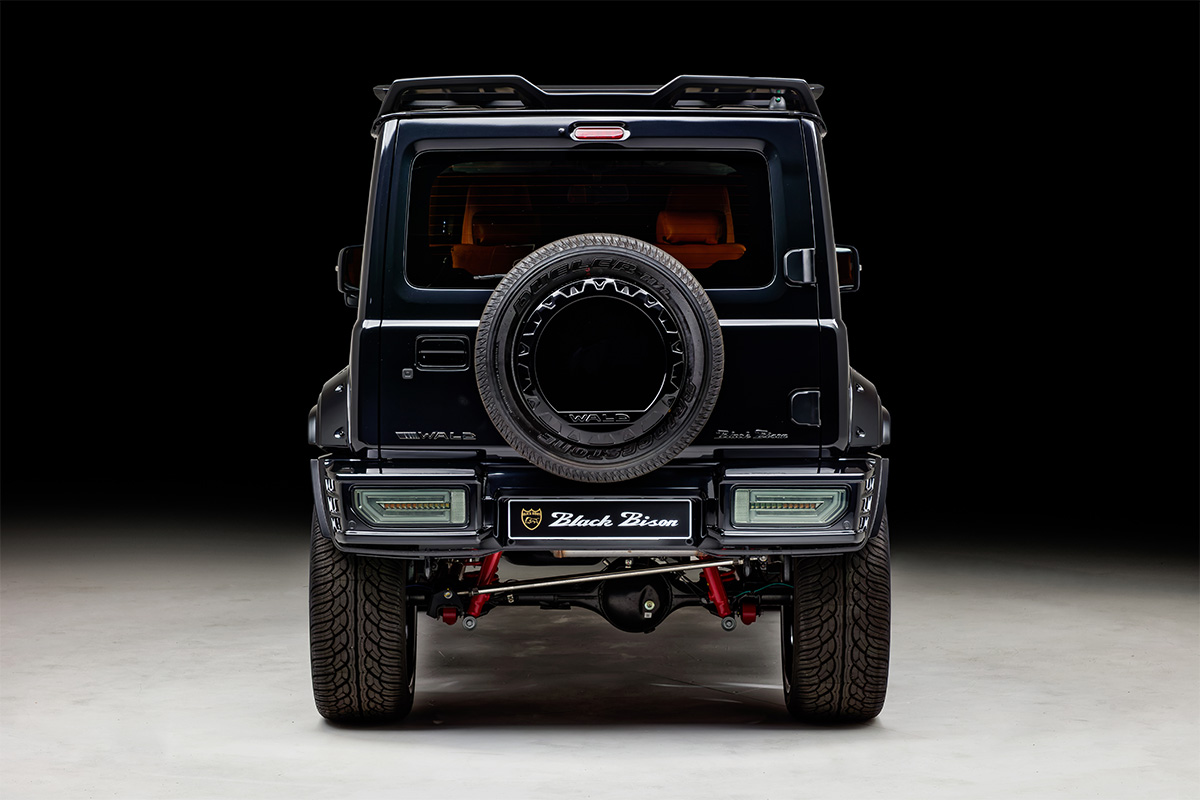 WALD Black Bison Edition Suzuki Jimny Nomade JC74W — head-on rear view with rear bumper spoiler, LED lamps and Black Bison badging