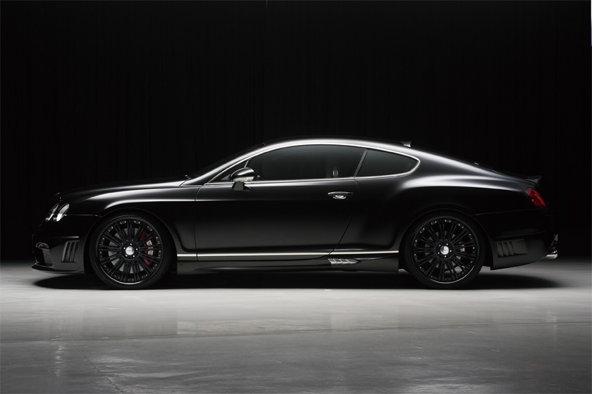 WALD Bentley Continental GT 2008–2010 Black Bison — full side profile showing lowered stance, WALD side skirts and black wheels