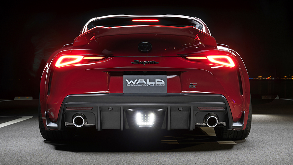 WALD Sports Line Toyota Supra head-on rear view with rear diffuser and twin stainless exhaust tips