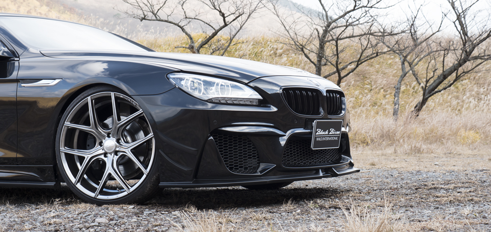 WALD BMW F06 Black Bison front wheel and lip spoiler detail on black BMW 6 Series Gran Coupe
