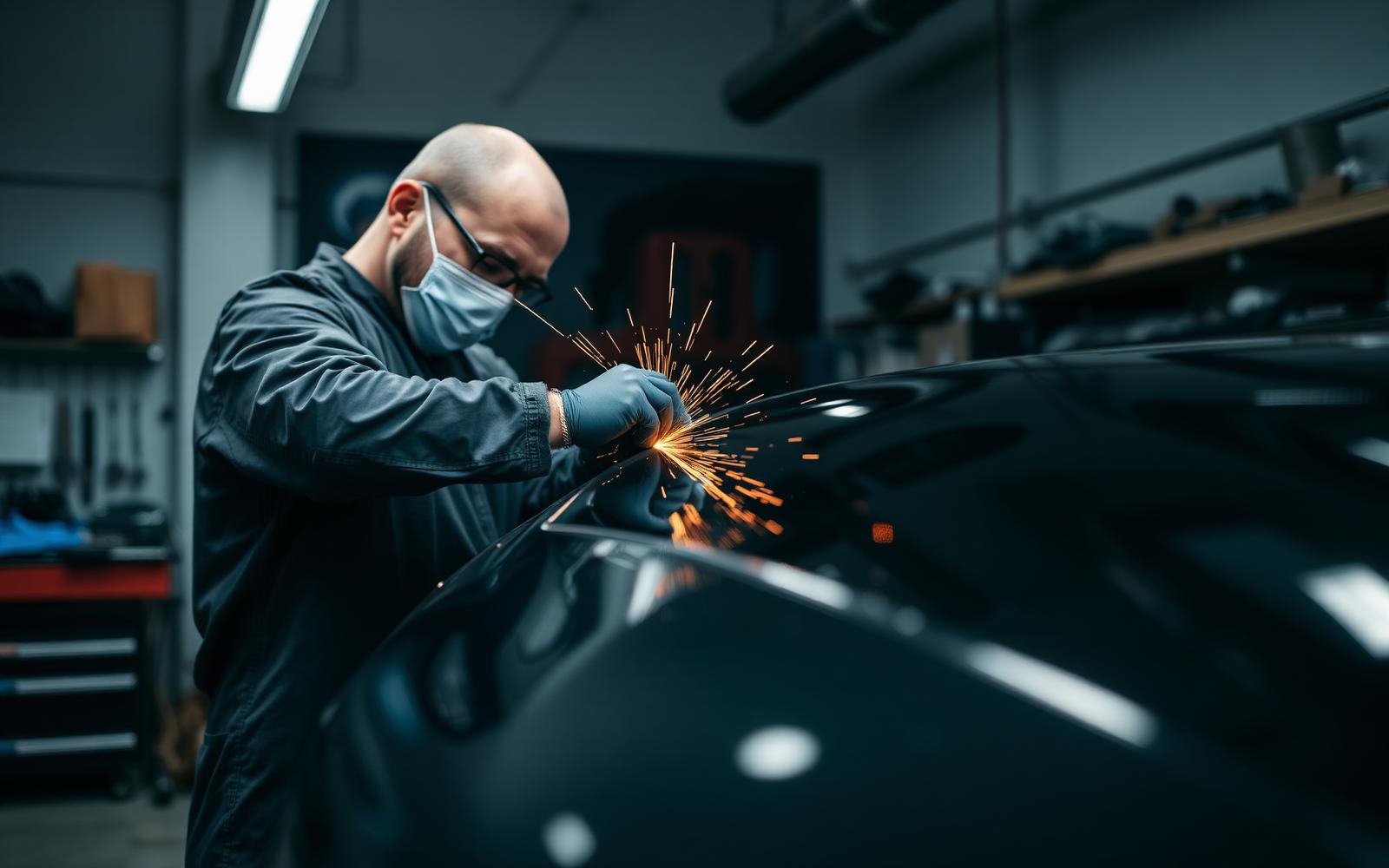 Technician hand-finishing a gloss black vehicle body panel in a workshop